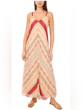 Vince Camuto Boho Sleeveless Cream Maxi Dress with Red Accents Classic Chic